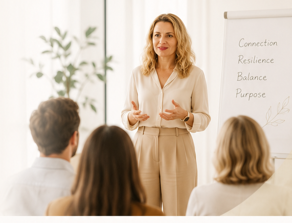 Alina Chercea leading a wellbeing workshop for an organisation