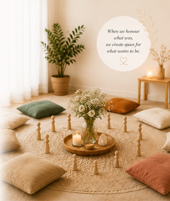 A calm room set for a family constellation session, with the words: when we honour what was, we create space for what wants to be