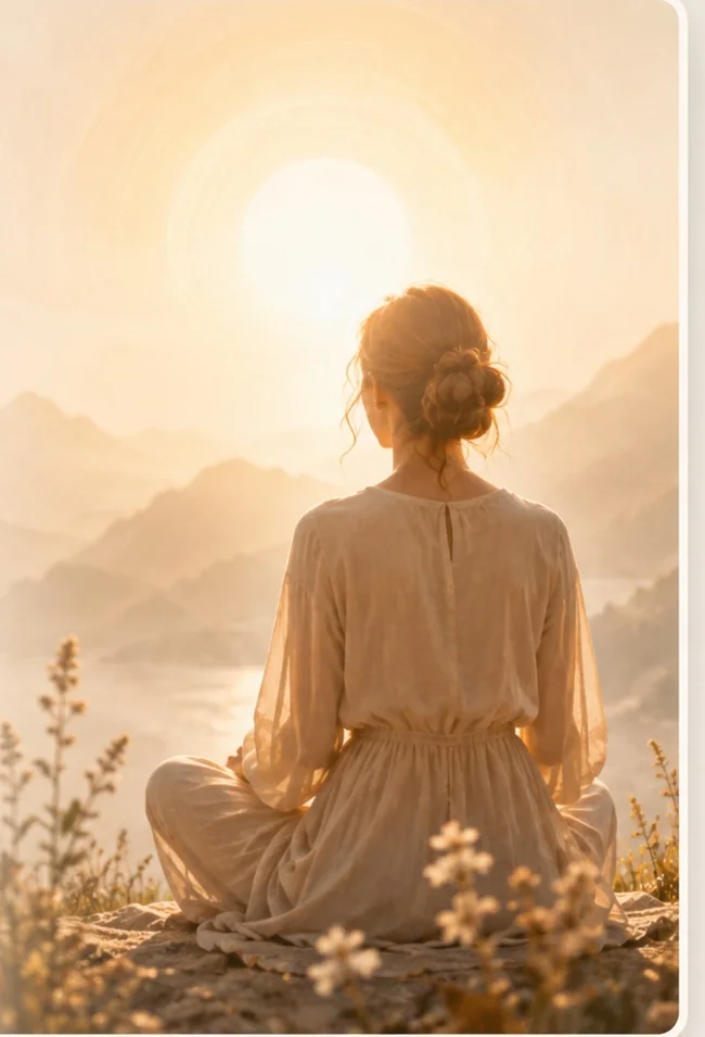 A woman meditating at sunrise above a mountain valley