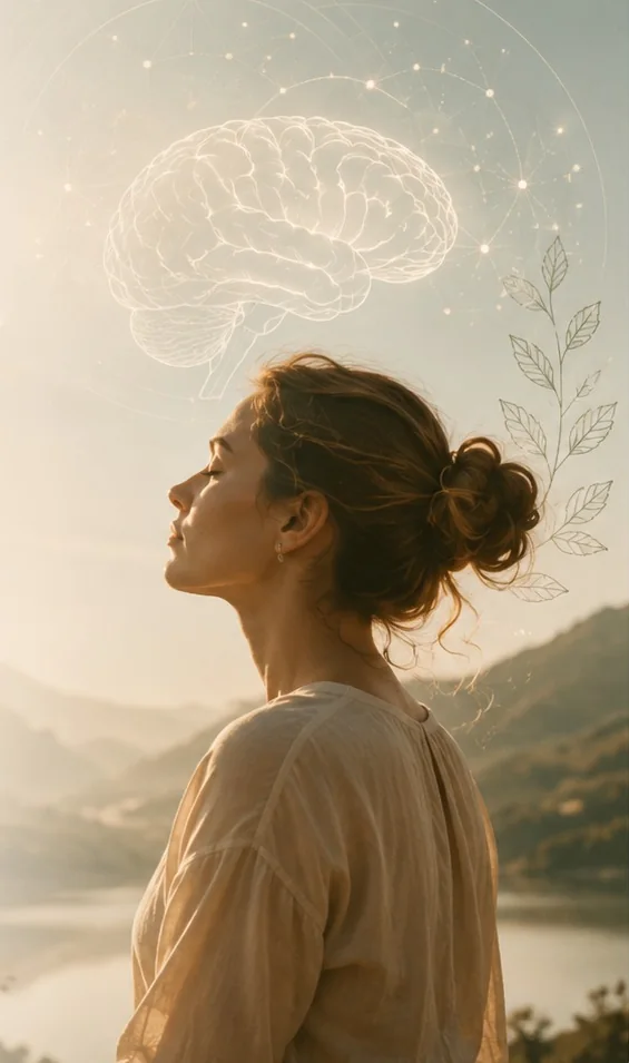A woman turning her face to the light, with a line drawing of a brain